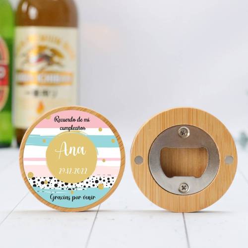 Abridor madera personalizado "Círculos" con pegatina Detalle cumpleaños - Regalos personalizables cumpleaños