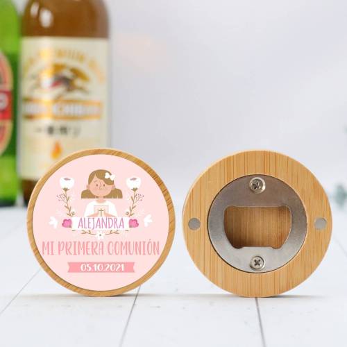 Abridor madera personalizado "Alejandra" con pegatina Detalle comunión - Abridor Imán Personalizado Comunión