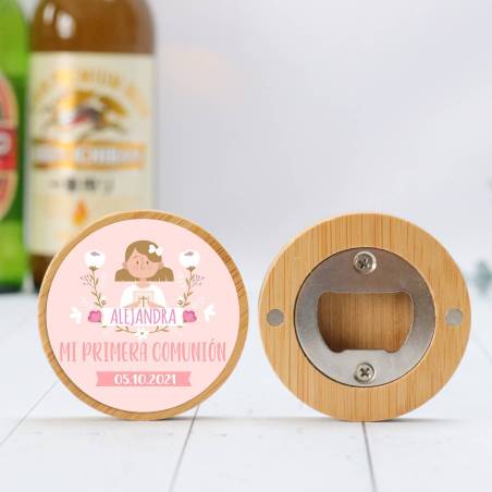 Abridor madera personalizado "Alejandra" con pegatina Detalle comunión - Abridor Imán Personalizado Comunión