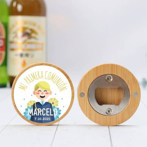 Abridor madera personalizado "Marcelo" con pegatina Detalle comunión - Abridor Imán Personalizado Comunión