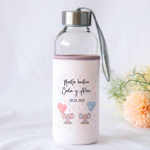 Botella personalizada Bautizo "Elefante mellizos" Detalles de bautizo - Detalles personalizables para Bautizo
