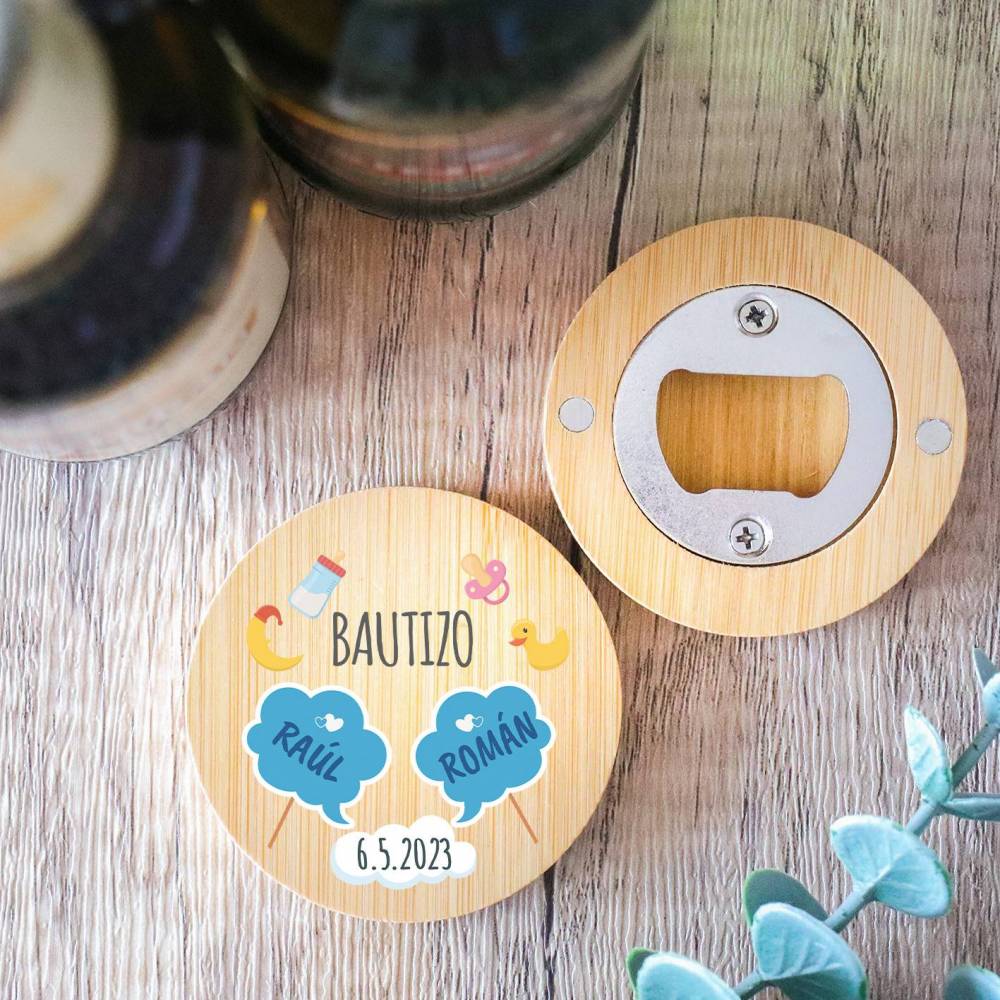 Abridor de madera con grabación "Modelo Gemelos" Detalle bautizo - Detalles personalizables para Bautizo