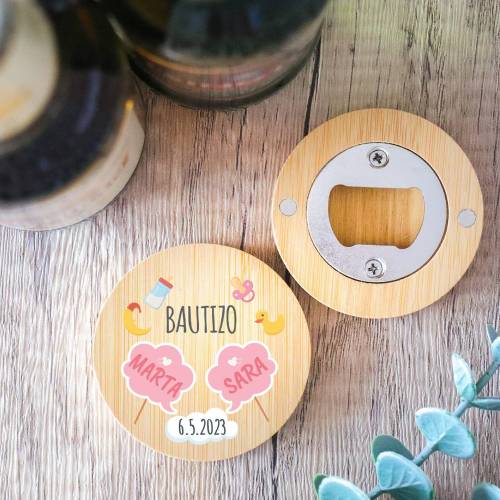 Abridor de madera con grabación "Modelo Gemelas" Detalle bautizo - Detalles personalizables para Bautizo