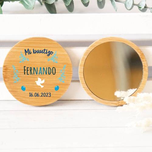 Espejo personalizado de madera "Modelo Paloma Fernando" Detalles bautizo - Detalles personalizables para Bautizo