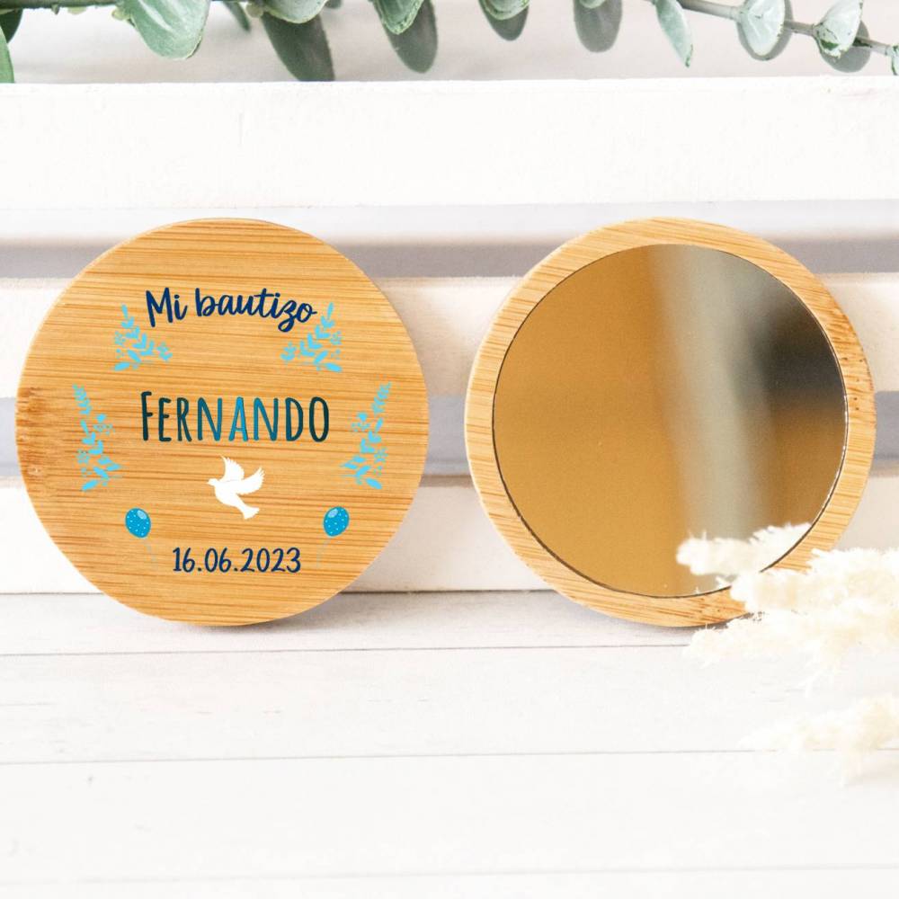 Espejo personalizado de madera "Modelo Paloma Fernando" Detalles bautizo - Detalles personalizables para Bautizo