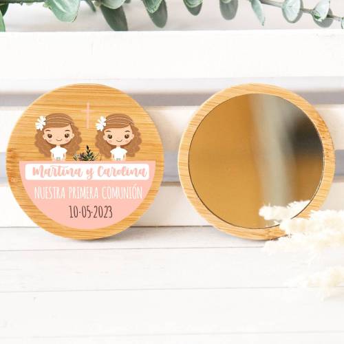 Espejo personalizado de madera " Modelo Gemelas " Detalles comunión - Detalles personalizables para Comunión