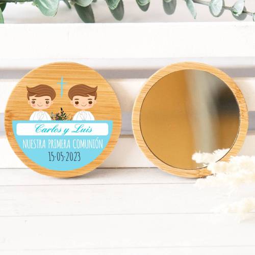Espejo personalizado de madera " Modelo Gemelos " Detalles comunión - Detalles personalizables para Comunión