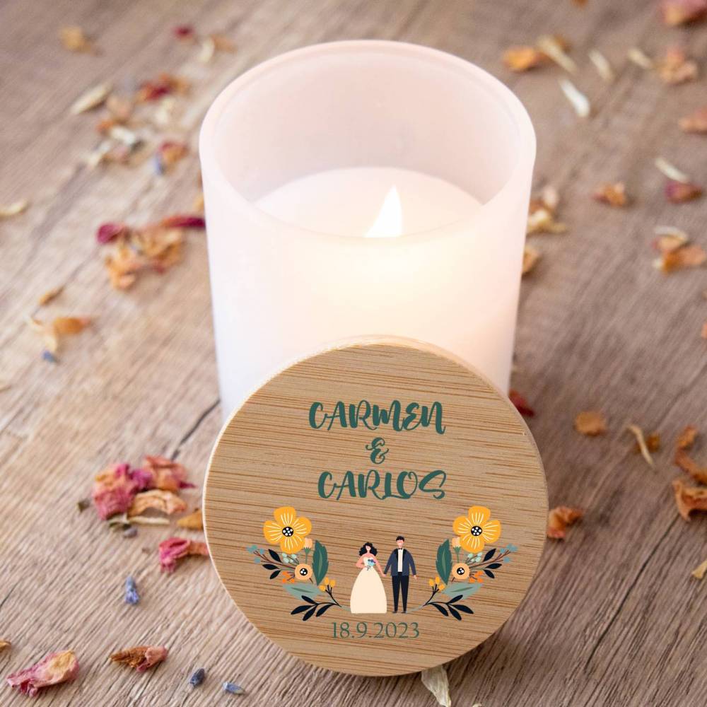 Vela personalizada madera "Modelo Girasol" Detalles boda - Detalles personalizables para Bautizo