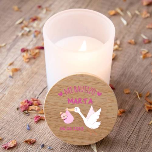 Vela personalizada madera "Modelo Cigüeña" Detalles bautizo - Detalles personalizables para Bautizo