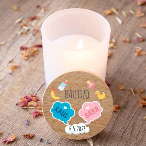 Vela personalizada madera "Modelo Mellizos" Detalles bautizo - Detalles personalizables para Bautizo