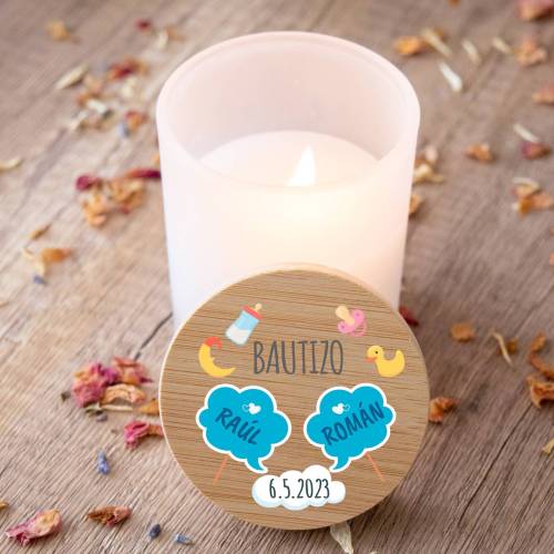 Vela personalizada madera "Modelo Gemelos" Detalles bautizo - Detalles personalizables para Bautizo