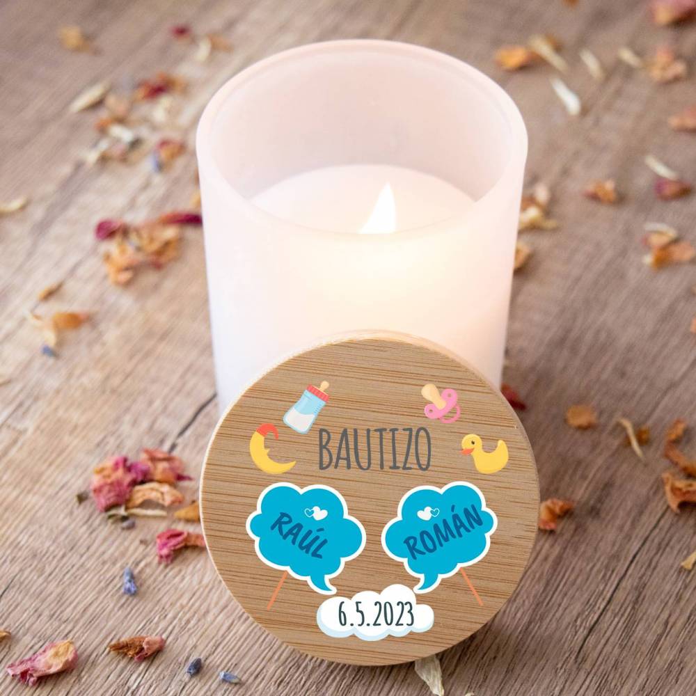 Vela personalizada madera "Modelo Gemelos" Detalles bautizo - Detalles personalizables para Bautizo