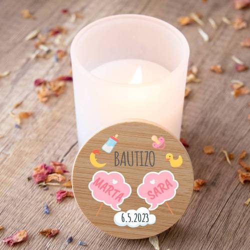 Vela personalizada madera "Modelo Gemelas" Detalles bautizo - Detalles personalizables para Bautizo
