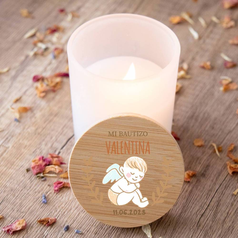 Vela personalizada madera "Modelo Ángel" Detalles bautizo - Detalles personalizables para Bautizo