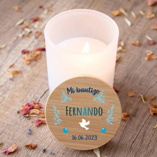 Vela personalizada madera "Modelo Paloma Fernando" Detalles bautizo - Detalles personalizables para Bautizo