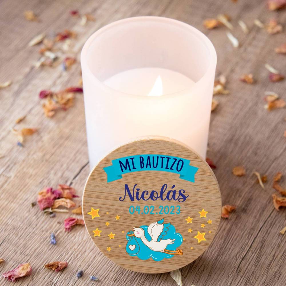 Vela personalizada madera "Modelo Nicolás" Detalles bautizo - Detalles personalizables para Bautizo