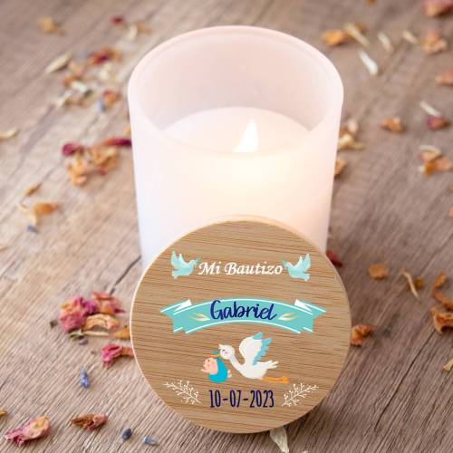 Vela personalizada madera "Modelo Gabriel Cigüeña" Detalles bautizo - Detalles personalizables para Bautizo