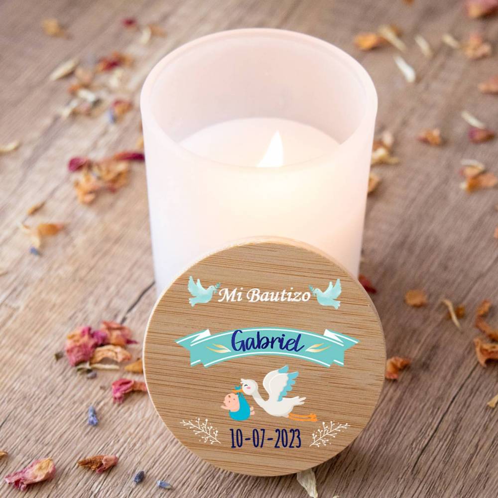 Vela personalizada madera "Modelo Gabriel Cigüeña" Detalles bautizo - Detalles personalizables para Bautizo