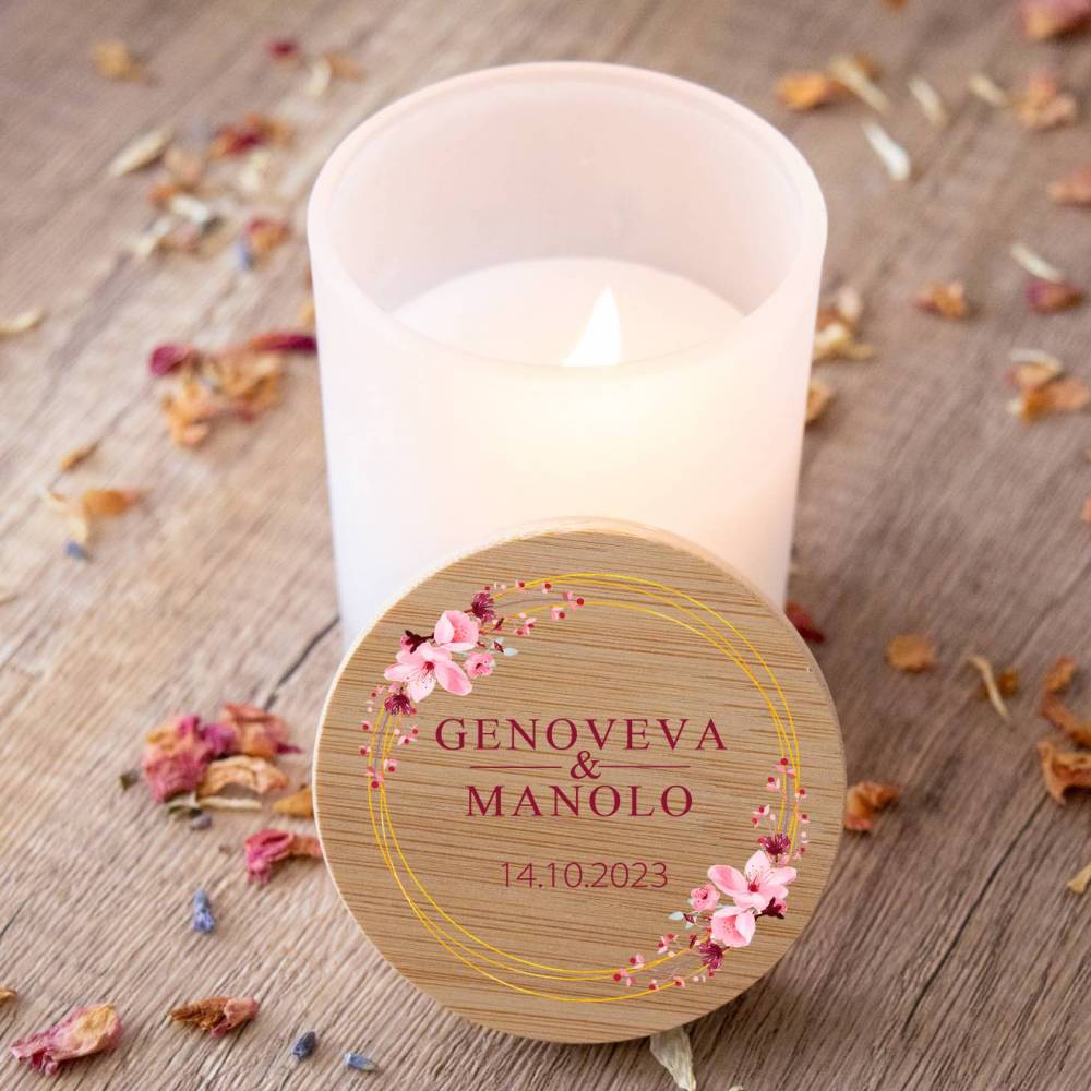 Vela personalizada madera "Modelo Pink Crown" Detalles boda - Detalles personalizables para Boda