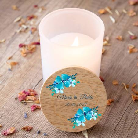 Vela personalizada madera "Modelo Azul" Detalles boda - Detalles personalizables para Boda