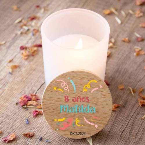 Vela personalizada madera "Modelo Confeti" Detalles cumpleaños - Regalos personalizables cumpleaños