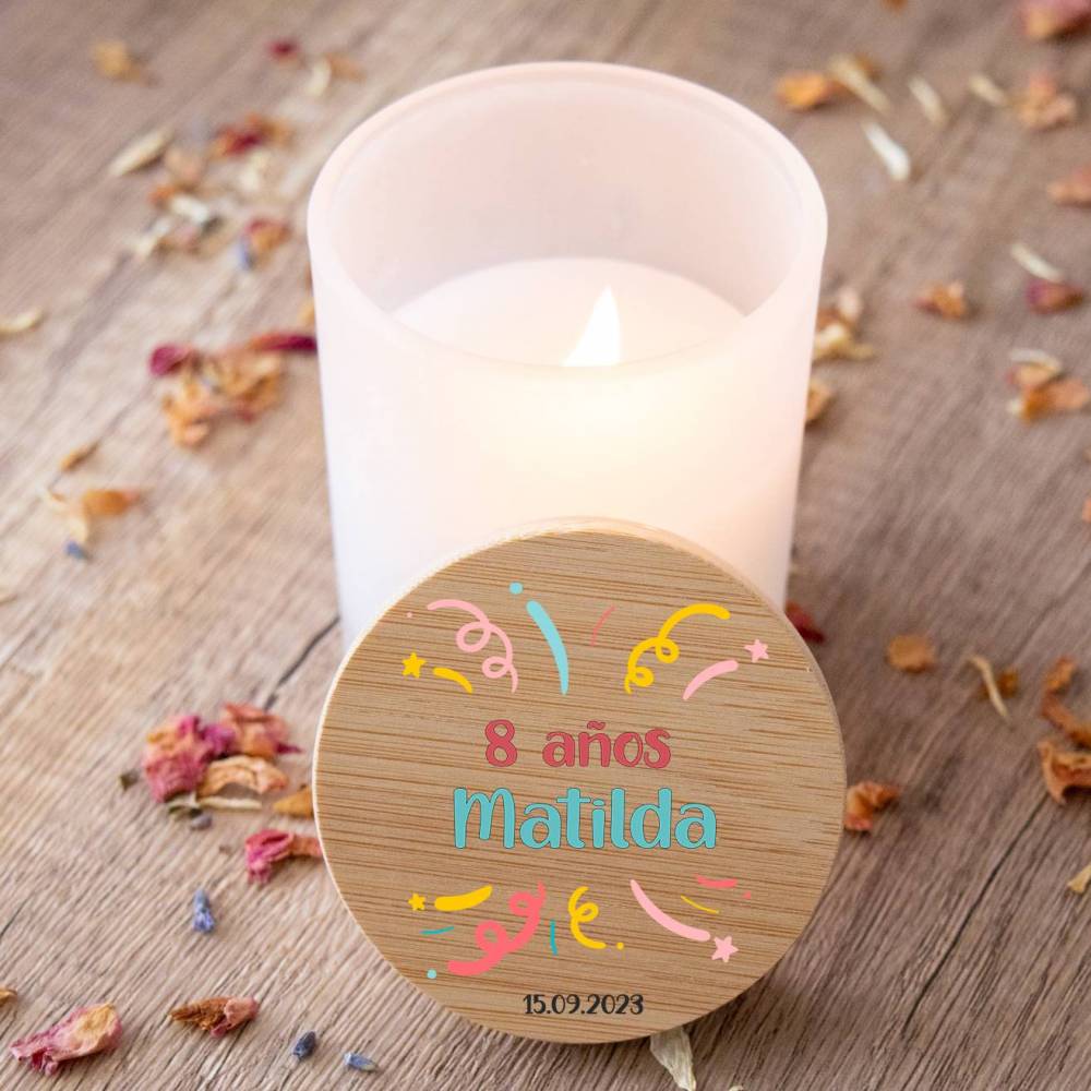 Vela personalizada madera "Modelo Confeti" Detalles cumpleaños - Regalos personalizables cumpleaños