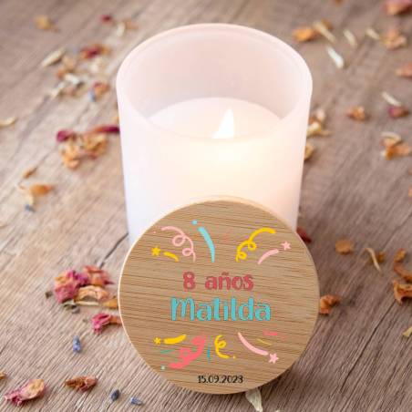 Vela personalizada madera "Modelo Confeti" Detalles cumpleaños - Regalos personalizables cumpleaños