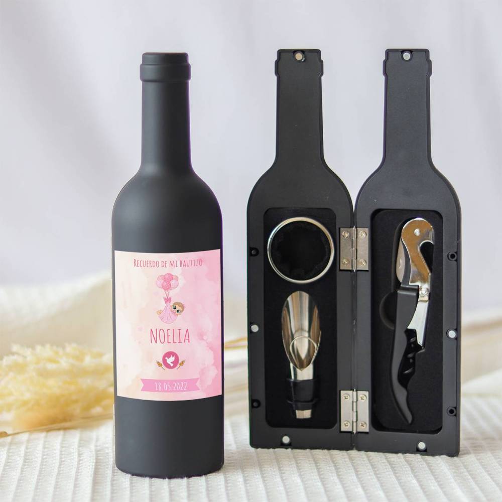 Set accesorios de vino personalizado "Modelo Globos niña" Detalles bautizo - Detalles personalizables para Bautizo