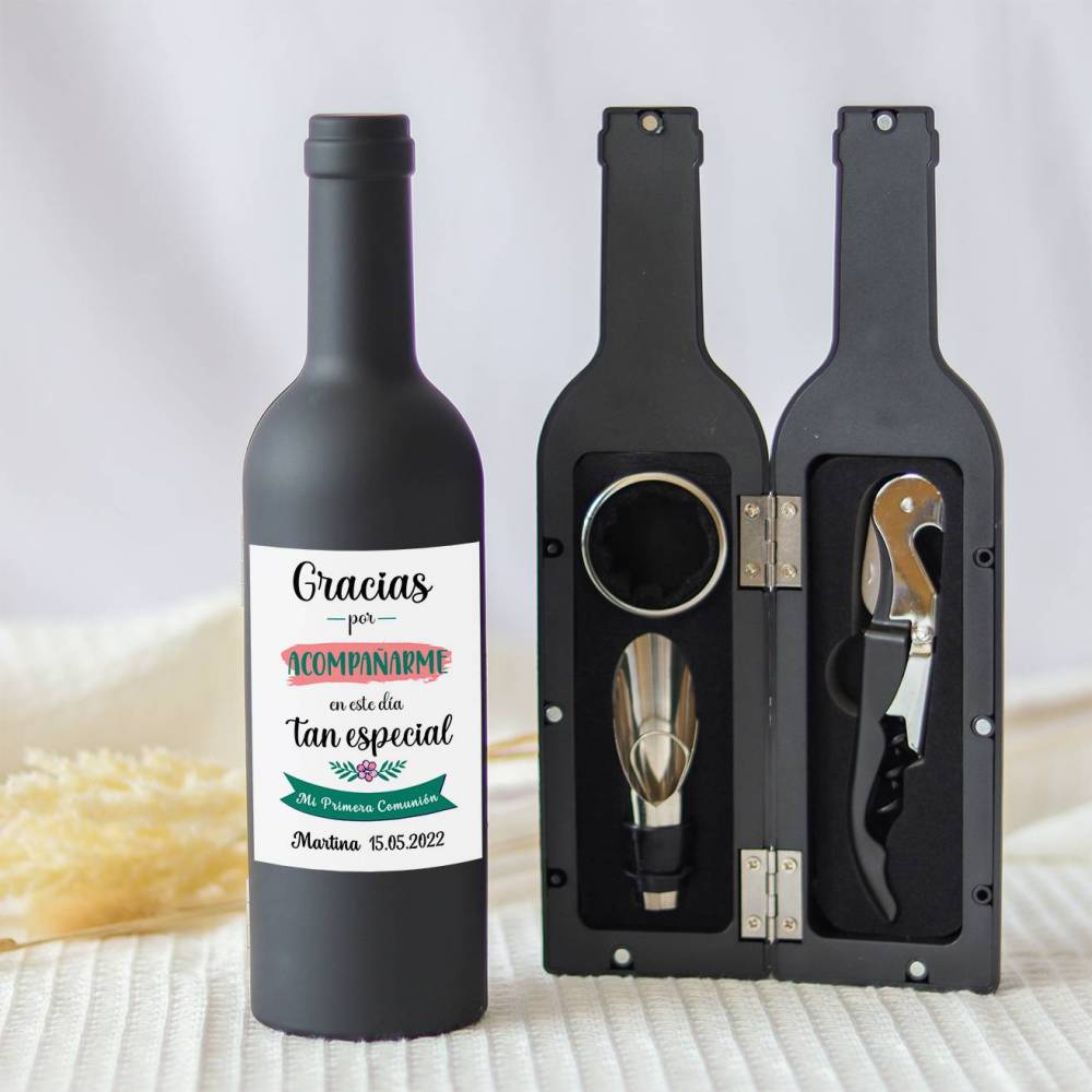 Set accesorios de vino personalizado "Modelo Friends" Detalles comunión - Detalles personalizables para Comunión