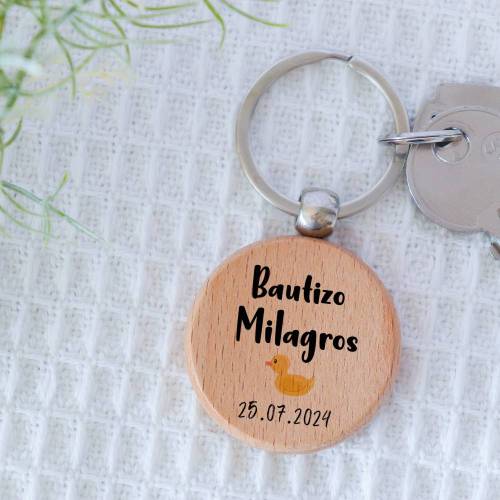Llavero madera personalizado "Patito" Detalle bautizo - Llaveros personalizados bautizo
