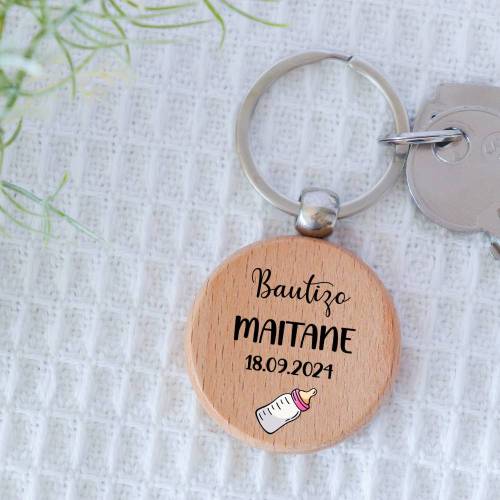 Llavero madera personalizado "Biberón Rosa" Detalle bautizo - Llaveros personalizados bautizo