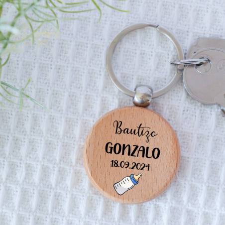 Llavero madera personalizado "Biberón Azul" Detalle bautizo - Llaveros personalizados bautizo