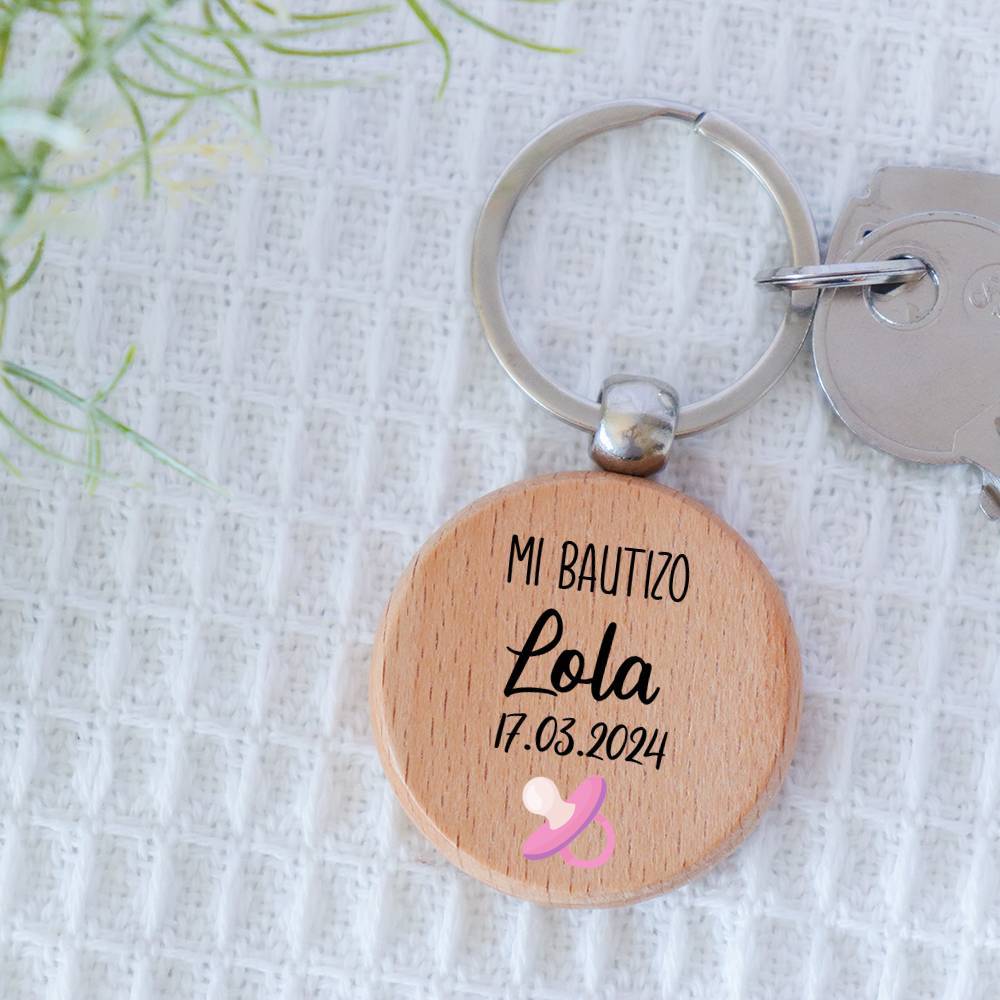 Llavero madera personalizado "Chupete Rosa" Detalle bautizo - Llaveros personalizados bautizo