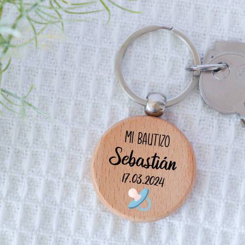 Llavero madera personalizado "Chupete Azul" Detalle bautizo - Llaveros personalizados bautizo