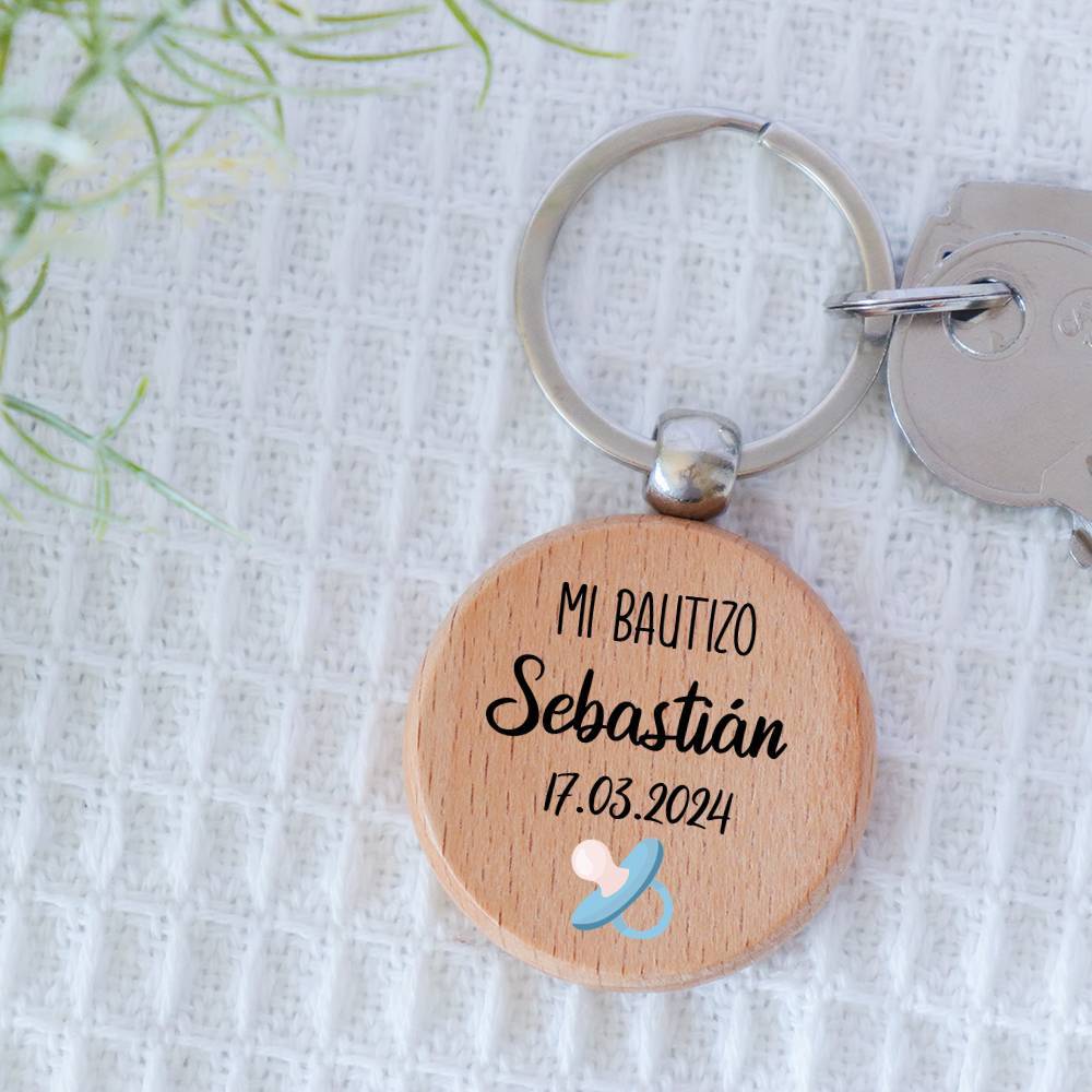 Llavero madera personalizado "Chupete Azul" Detalle bautizo - Llaveros personalizados bautizo