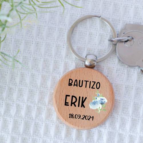 Llavero madera personalizado "Flores Azul" Detalle bautizo - Llaveros personalizados bautizo