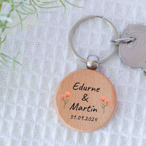 Llavero madera personalizado "Amapolas" Detalle boda - Llaveros personalizados boda