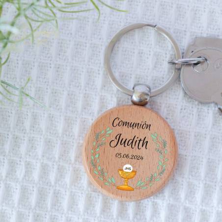 Llavero madera personalizado "Cáliz y Hojas" Detalle comunión - Llaveros personalizados comunión