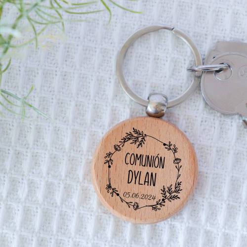 Llavero madera personalizado "Corona Hojas" Detalle comunión - Llaveros personalizados comunión