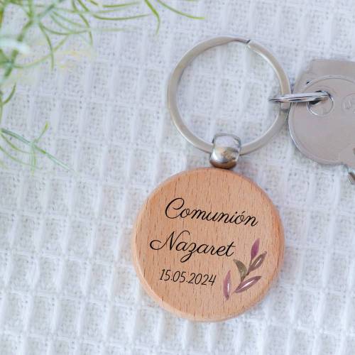 Llavero madera personalizado "Olivo Rosa" Detalle comunión - Llaveros personalizados comunión