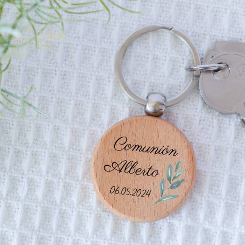 Llavero madera personalizado "Olivo Verde" Detalle comunión - Llaveros personalizados comunión