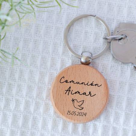 Llavero madera personalizado "Paloma" Detalle comunión - Llaveros personalizados comunión