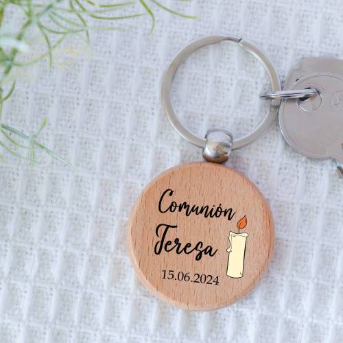 Llavero madera personalizado "Vela" Detalle comunión - Llaveros personalizados comunión