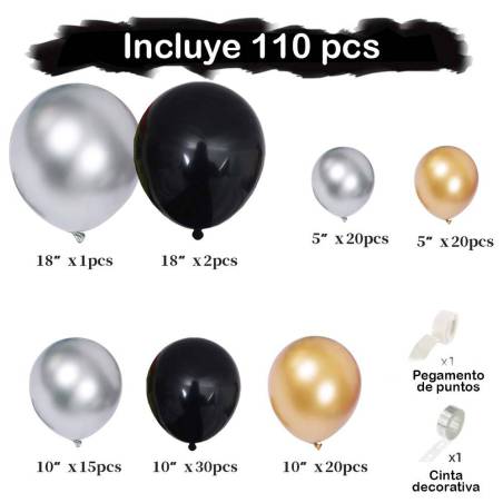 Kit de arco de globos Oro y negro 110 globos - Decoración De Comunión