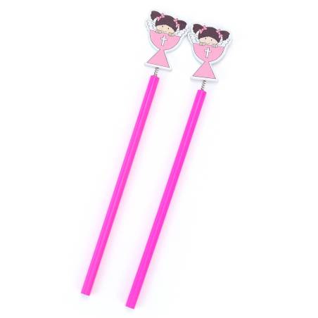 Pack 2 Pcs Lápiz Comunión Rosa Niña - Detalles De Comunión Para Niños