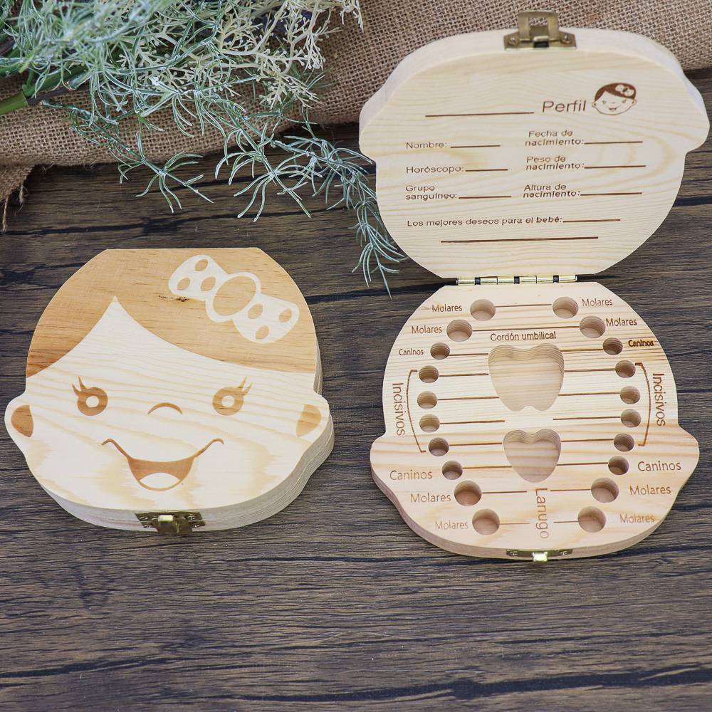 Caja de madera niña para guardar dientes de leche en forma de detalle - Detalles De Bautizo Para Niños