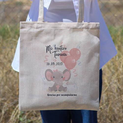 Bolsa de tela personalizada Bautizo "Elefante niña" Detalles de bautizo - Detalles personalizables para Bautizo