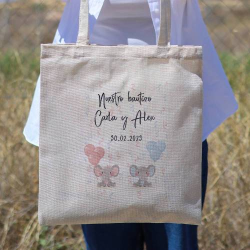 Bolsa de tela personalizada Bautizo "Elefante mellizos" Detalles de bautizo - Detalles personalizables para Bautizo