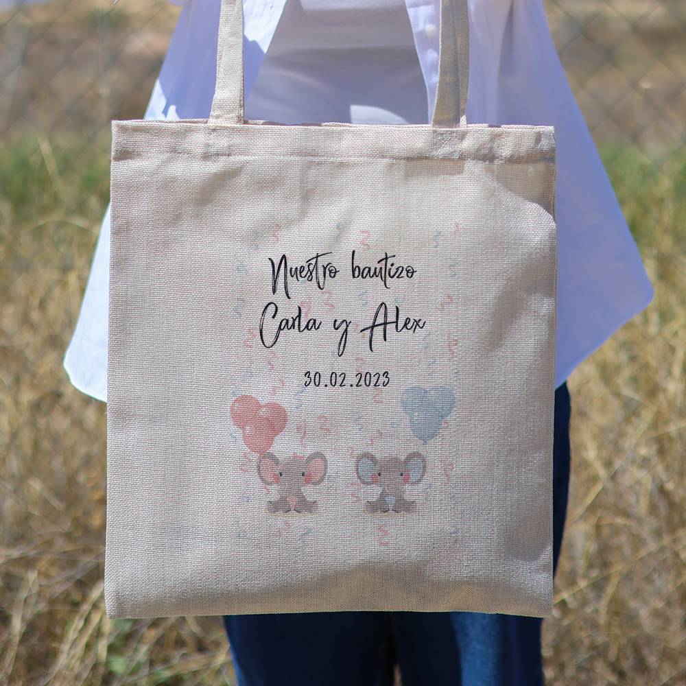 Bolsa de tela personalizada Bautizo "Elefante mellizos" Detalles de bautizo - Detalles personalizables para Bautizo