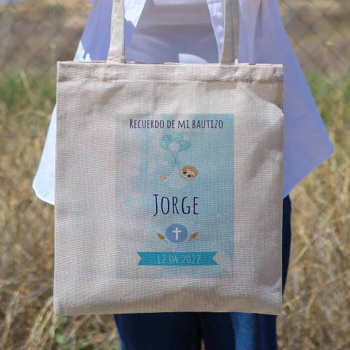 Bolsa de tela personalizada Bautizo "Globos niño" Detalles de bautizo - Detalles personalizables para Bautizo